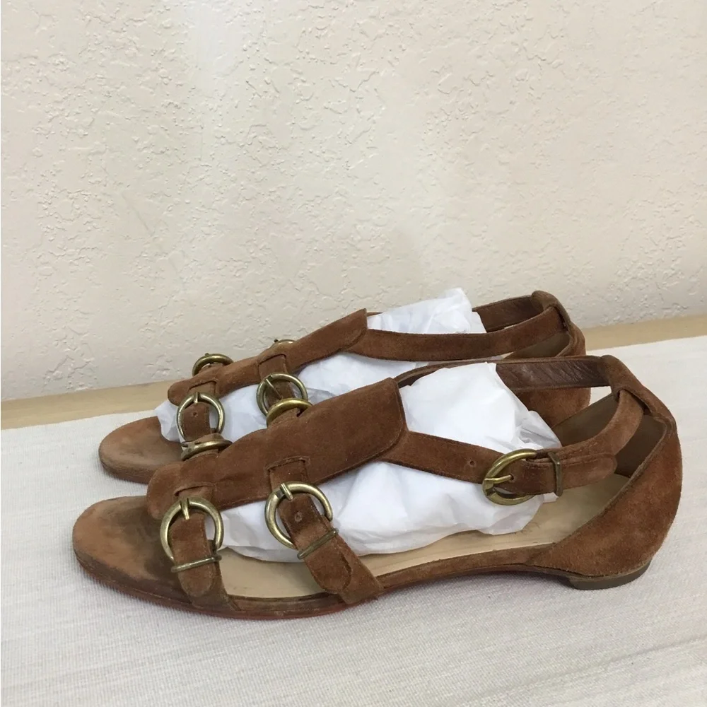 Christian Louboutin Brown Suede Strappy Flat Sandals with Gold Buckles